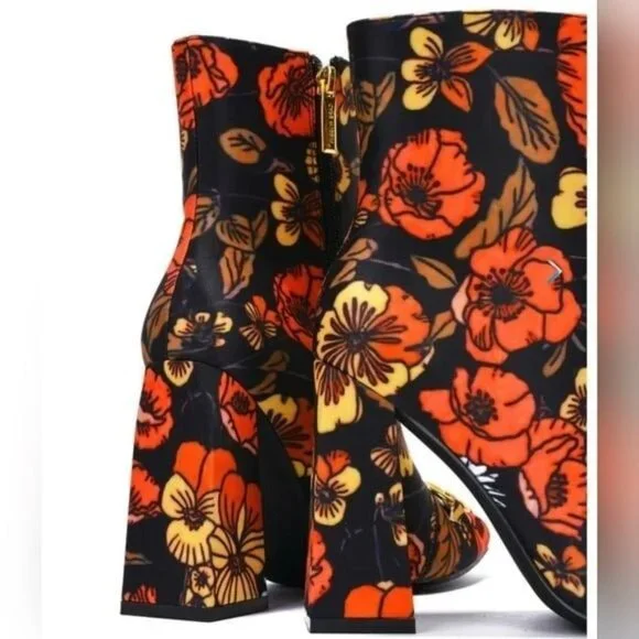 Women Flower Print Square Toe Chain Bit Buckle Block Heel Bootie - Picture 4 of 4